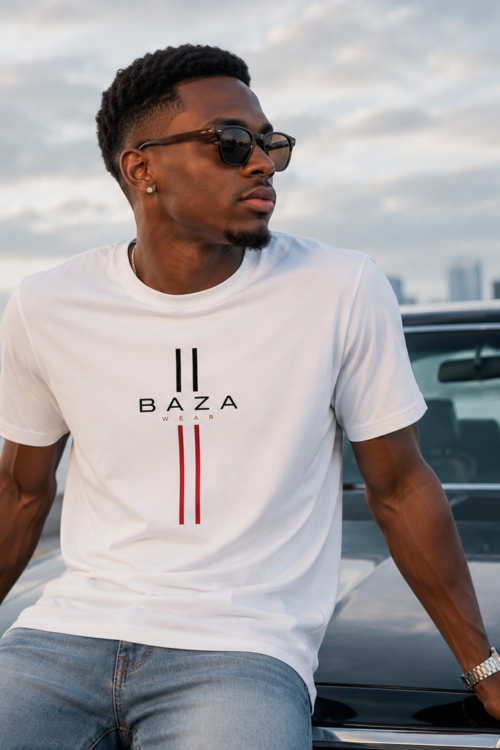 BAZA logo minimal stripe T-Shirt | Modern graphic tee, vertical lines